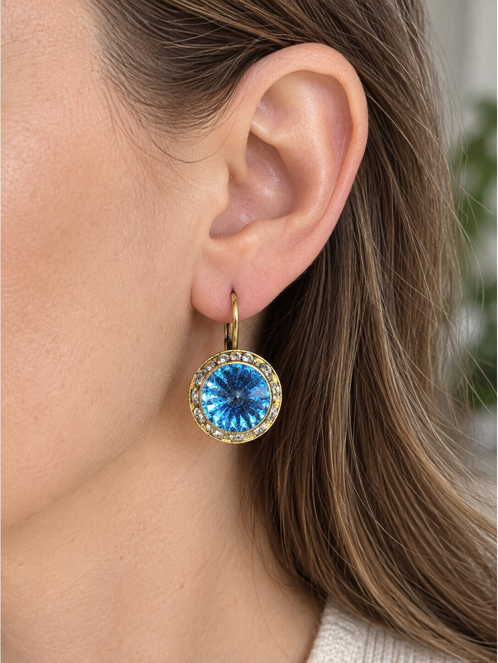 Catherine Popesco Aqua Crystal Halo Earrings 14K Gold Plated Leverback
